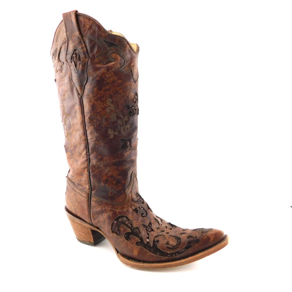 CORRAL Brown Distressed Leather Block Heel Western Boots 8